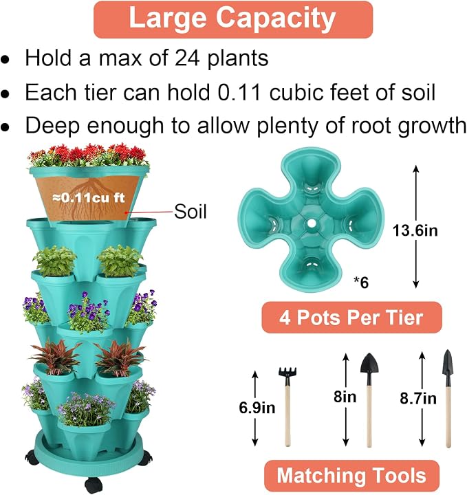 GameXcel Vertical Planter Tower - 6 Tier Stackable Garden Planters with Wheels and Tools Plant Pots for Strawberry Herb Flower and Vegetable Indoor Outdoor Use Teal