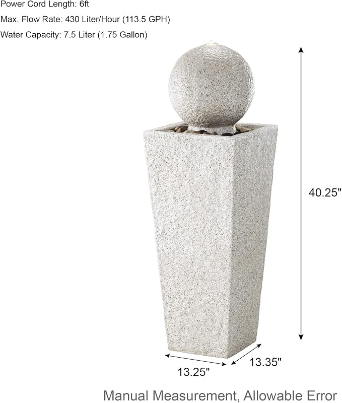 Glitzhome Outdoor Water Fountain with LED Light, Modern Oversized Sphere Pedestal Water Fountain with Submersible Pump, Modern Geometric Outdoor Fountains for Garden Patio Porch, 40.25" H