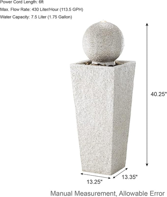 Glitzhome Outdoor Water Fountain with LED Light, Modern Oversized Sphere Pedestal Water Fountain with Submersible Pump, Modern Geometric Outdoor Fountains for Garden Patio Porch, 40.25" H