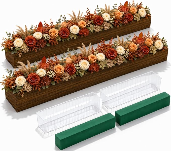 Dandat 2 Set Wood Boxes for Centerpieces 28x5 Inch Rectangle Wooden Planter Box Rustic Wood Planter with Removable Plastic Liner Floral Foam Blocks for Christmas Wedding Home Garden Decor(Dark Brown)
