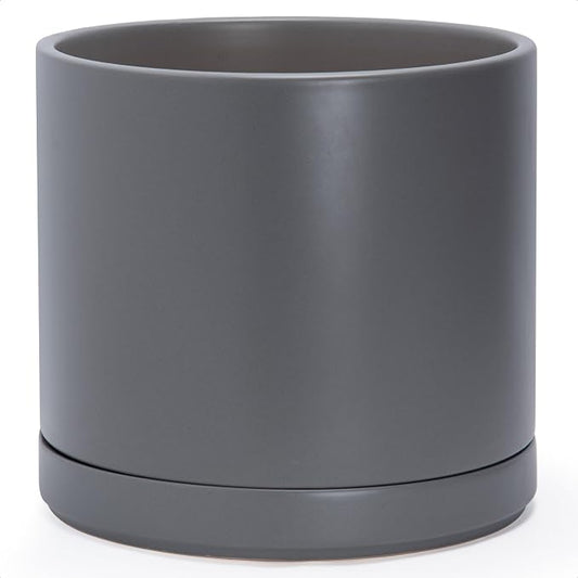 D'vine Dev 14 Inch Ceramic Planter Pot with Drainage Hole and Saucer, Indoor Cylinder Round Planter Pot, Speckled Grey, 94-O-G-3