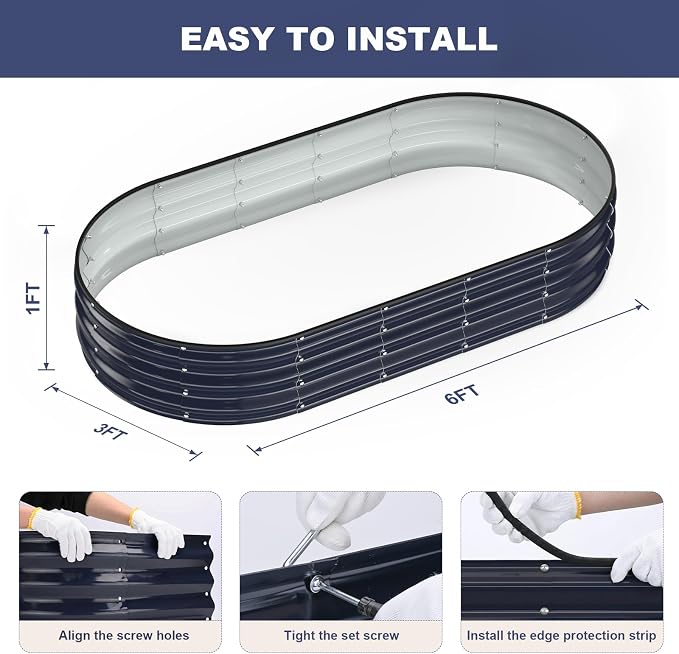 Raised Garden Bed, 6x3x1ft Galvanized Outdoor Planter Beds with Safety Edging and Gloves, Oval Metal Planter Box for Gardening Vegetables Flowers Herb-Midnight Blue