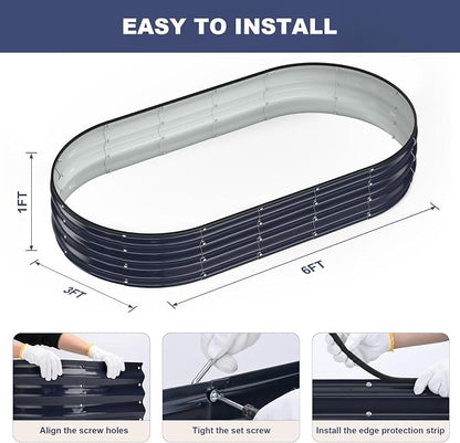 Raised Garden Bed, 6x3x1ft Galvanized Outdoor Planter Beds with Safety Edging and Gloves, Oval Metal Planter Box for Gardening Vegetables Flowers Herb-Midnight Blue