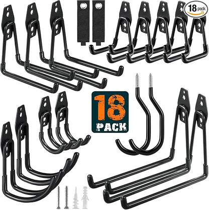 HUPBIPY 18 Pack Garage Hooks Heavy Duty, Wall Mount Ladder Hooks | Storage Organizer With a non-slip coating for Hanging Bicycles Garden Tools Ladders Hoses Ropes and Loose Items(Black)