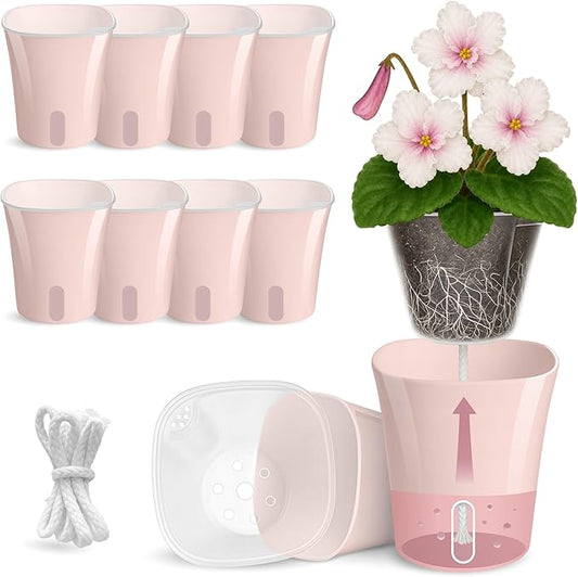10 Pack 3" Self Watering Pots for Indoor Plants, Clear Inner Cup, Small Pink Plastic Planters, Water Level Indicator, Drainage Holes, Extra 3ft Wick, Cuttings,Seedlings,Herb,African Violet