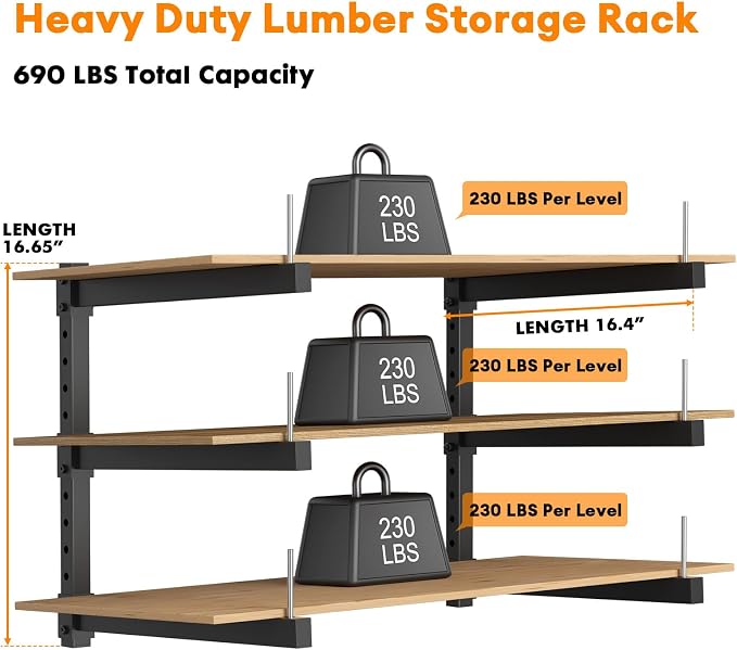 Lumber Storage Rack Wall Mount - Wood Storage Racks Heavy Duty Metal Shelf Wall Mount Wood Organizer Racks for Shed, Workshop, Garage, Basement, Wall Storage Racks - Indoor & Outdoor Use, 690 LBS Load