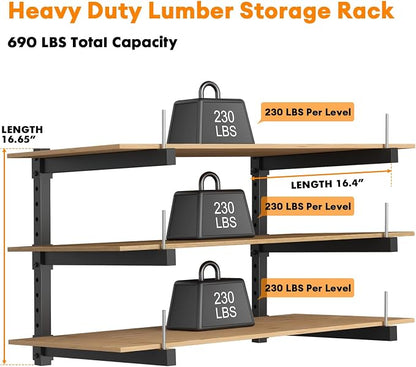 Lumber Storage Rack Wall Mount - Wood Storage Racks Heavy Duty Metal Shelf Wall Mount Wood Organizer Racks for Shed, Workshop, Garage, Basement, Wall Storage Racks - Indoor & Outdoor Use, 690 LBS Load