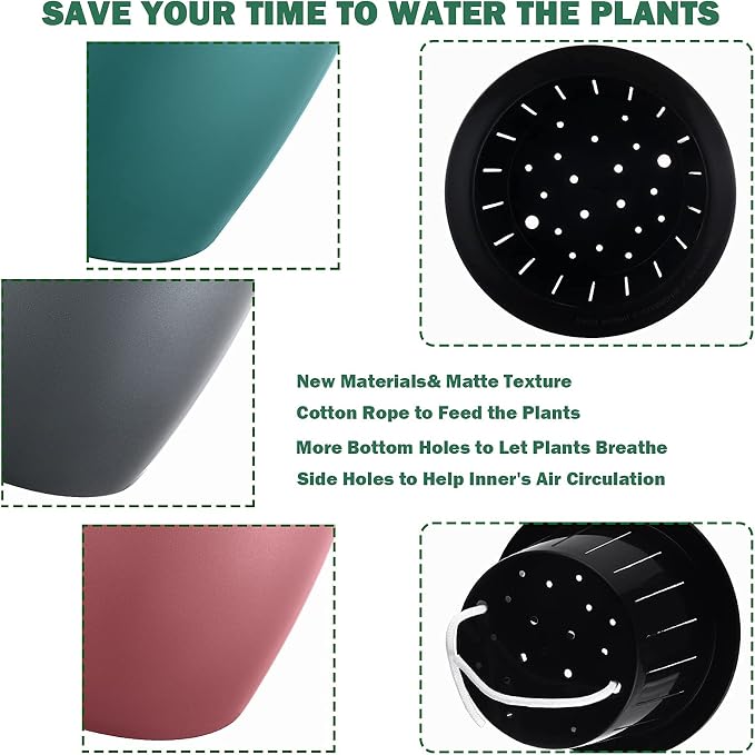 Planterhoma 6.7 Inch Self Watering Pots for Indoor Plants, 3 Packs African Violet Pots, Black Wick Pot with Drainage Holes, Self Watering Planters for Orchid, Devil's Ivy, Silver/Blue/Rose Gold