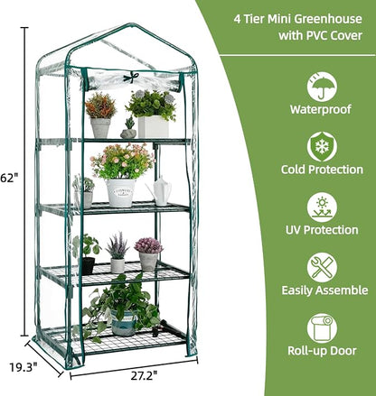 Mini Greenhouse for Indoor Outdoor, Small Plants Green House with 4 Tier Shelves, Portable Plastic Greenhouses with Transparent PVC Cover for Garden Backyard Patio Balcony Porch