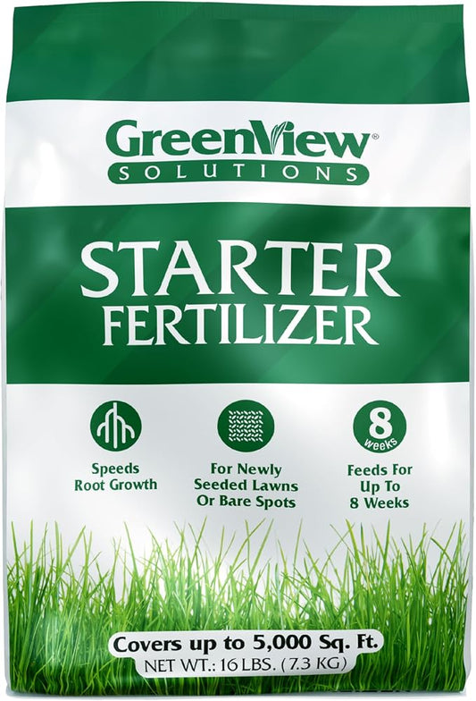 GreenView Solutions Starter Feritlizer 16 lb. Bag, Covers 5,000 sq. ft. | 10-18-10 NPK formula - Ideal for newly seeded lawns and bare spots - Feeds the lawn for up to 8 weeks