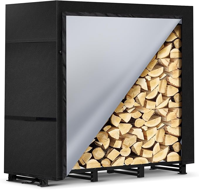 4ft Firewood Rack Outdoor with Waterproof Widened Cover, Heavy Duty Firewood Holder, Powder-coated Wood Rack with Hooks, Firewood Storage Rack for Fireplace Deck Patio