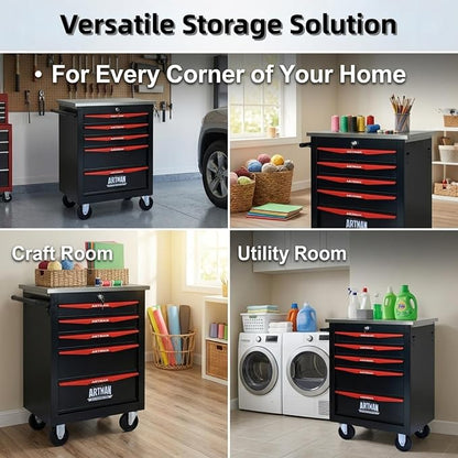 5-Drawer Rolling Tool Chest, Lockable Stainless Worktop for Garage,Black | Heavy Duty Metal Tool Cabinet with Drawers on Wheels for Warehouse and Workshop Storage