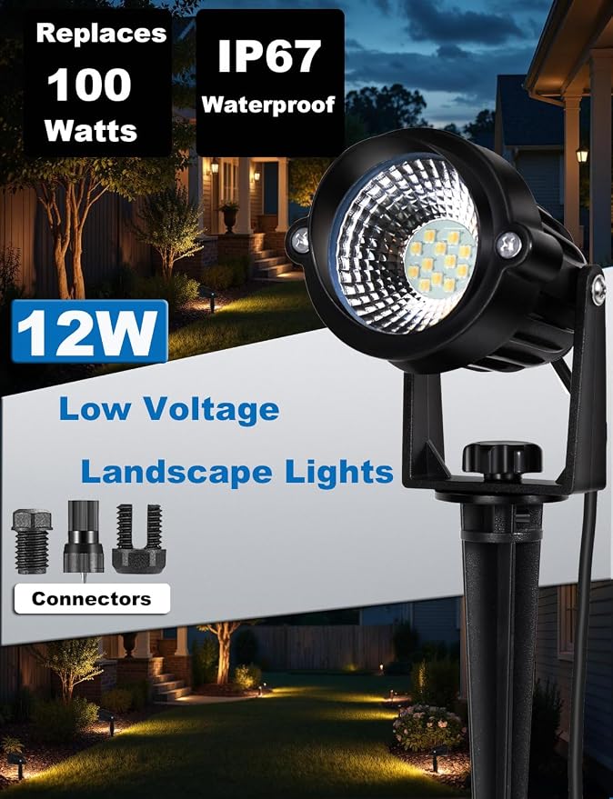12W Landscape Lights Low Voltage LED Landscape Lighting Spotlight Waterproof Garden Pathway Christmas Decorative Lights Outdoor, 20 Pack with Connector (Natural White)