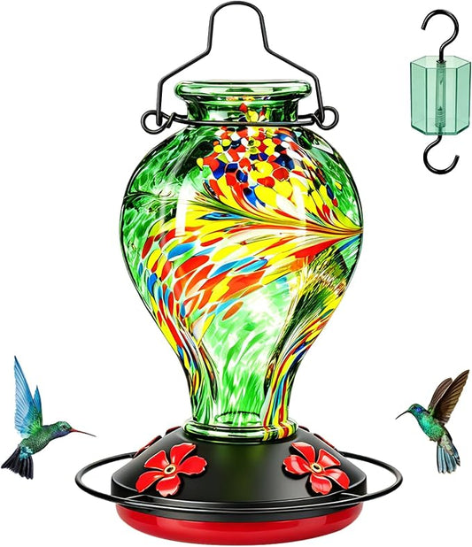 Hand Blown Glass Hummingbird Feeders for Outdoors Hanging, 24oz Wild Bird Nectar Feeder with Ant Moat and Perch, Bee-Resistant Ports, Garden Decor, Gifts for Women Mom, 1 Pack, Green Phoenix