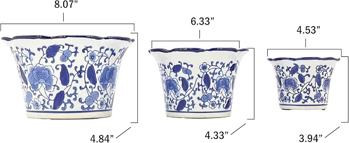Galt International Blue & White Floral Porcelain Ceramic Decorative Flower Pot 8"/6"/4.5" Garden Pots Chinese Asian Design - Set of 3 Cylinder Fluted Edge