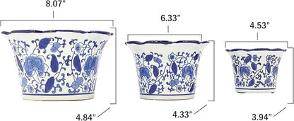 Galt International Blue & White Floral Porcelain Ceramic Decorative Flower Pot 8"/6"/4.5" Garden Pots Chinese Asian Design - Set of 3 Cylinder Fluted Edge