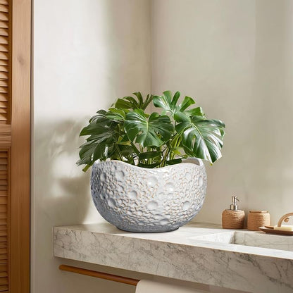 10 Inch Planter - Ceramic Pots for Plants with Drainage Hole and Plug, Modern Planters for Indoor Outdoor Plants, Round Unique Flower Pot, Decorative Planter, House Decor, Home Gifts, Grey