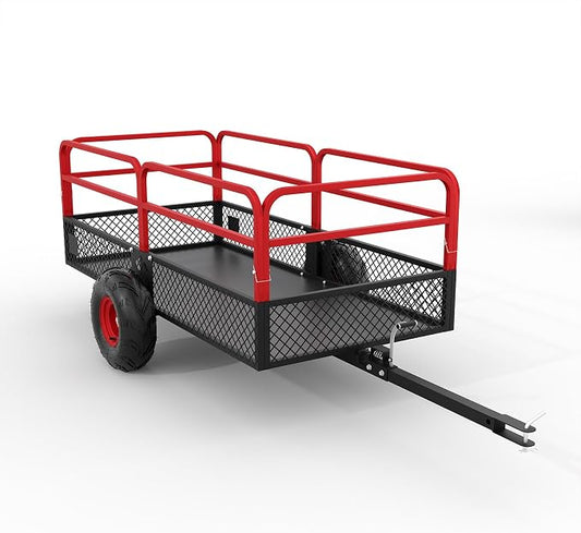 PeakPursuit Tow Behind Steel Dump Cart, Heavy Duty Yard Garden Trailer with Removable Sides & All Terrain Tires, Fits Lawn Mower, Tractor, Garden Cart, 1500 lbs 20 Cubic Feet, Red