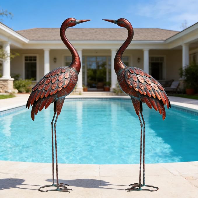 chisheen 2PCS Garden Crane Statues Outdoor Sculptures Metal Yard Art Statue for Garden Decoration Large Size Set of 2