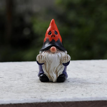 Halloween Middle Finger Gnome Statue with Skeleton Hands - Spooky Ghost Face Hat Resin Figurine 3.5in, Weather Resistant Indoor Outdoor Decor for Patio Yard Halloween Party, Novelty Edgy Gift
