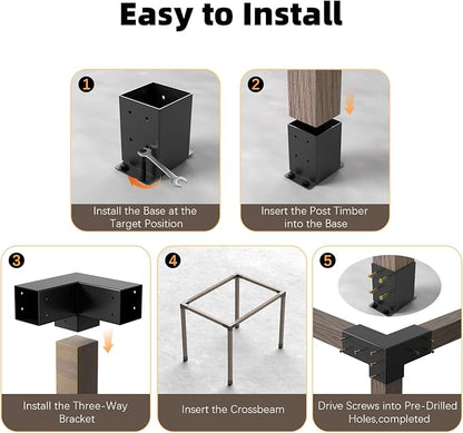 Pergola Kit, 3-Way Pergola Brackets for 4"x 4" (Actual 3.5" X 3.5") | Heavy Duty, DIY Post Base Kit, Easy Installation, For Gazebos, Patio Pergolas, Log Cabin