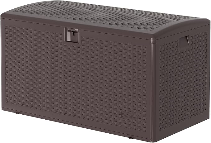 120 Gallon Waterproof Large Resin Deck Box Indoor Outdoor, Lockable Storage Container for Patio Furniture Cushions, Throw Pillows, Garden Tools, and Pool Floats, Brown