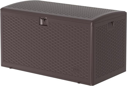 120 Gallon Waterproof Large Resin Deck Box Indoor Outdoor, Lockable Storage Container for Patio Furniture Cushions, Throw Pillows, Garden Tools, and Pool Floats, Brown