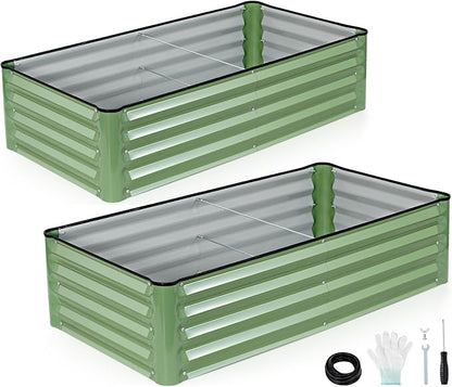 INNO STAGE Galvanized Raised Garden Bed Kits, 4x2x1ft Metal Raised Garden Beds Outdoor, Steel Raised Planter Bed with Gloves for Vegetables & Flowers Patio Ground Planter Box (Olive Green, 2PCS)