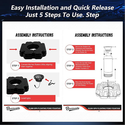 Pond Fountain Aerator, with 4RGB Lights 1HP 110V 750W 15000 GPH Stainless Steel Aerating Fountain Pump, 100 FT Power Cord, Timer, 2 x 100 FT Traction Rope, Powerful Lake Pond Aerator for Larger Ponds