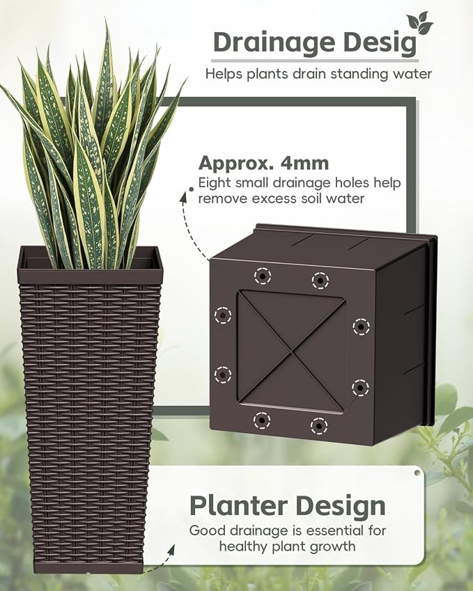 Greesum 24 Inch Tall Plastic Planters with Rattan Texture – Set of 2, Detachable Inner Pot & Drainage Holes, Indoor/Outdoor Decorative Flower Pots for Large Plants, Trees, Patio, and Garden, Brown