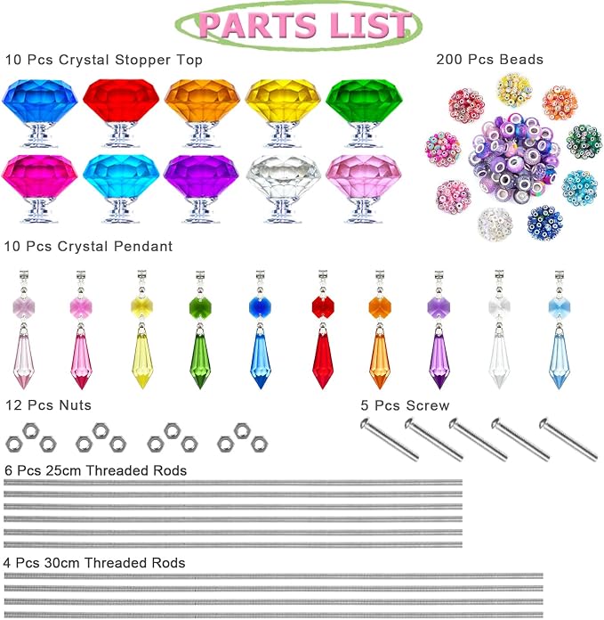 247 PCS Beaded Garden Stakes Kit, DIY Fairy Wand Garden Stake Beads Kits with Assortment Large Hole Beads 10 Crystal Stopper Top Threaded Rods and Sparkling Crystal Pendants for Outdoor Indoor Decor