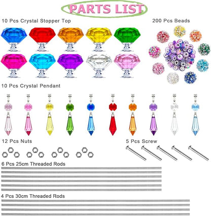 247 PCS Beaded Garden Stakes Kit, DIY Fairy Wand Garden Stake Beads Kits with Assortment Large Hole Beads 10 Crystal Stopper Top Threaded Rods and Sparkling Crystal Pendants for Outdoor Indoor Decor