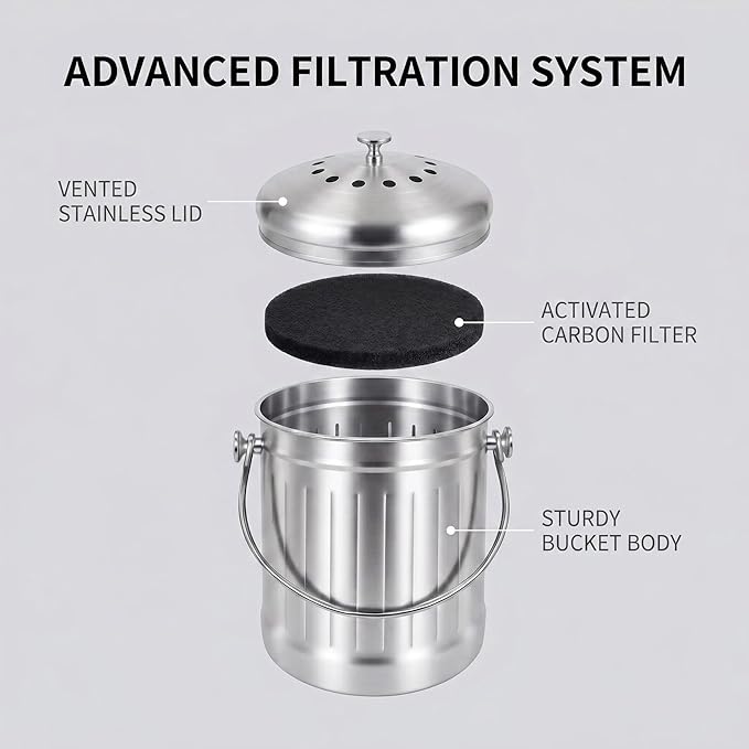 1.3 Gallons 5L Brushed Stainless Steel Kitchen Countertop Undersink Indoor Odorless Composting Compost Bin Countertop Composter with Charcoal Filter Inside Lid Brushed