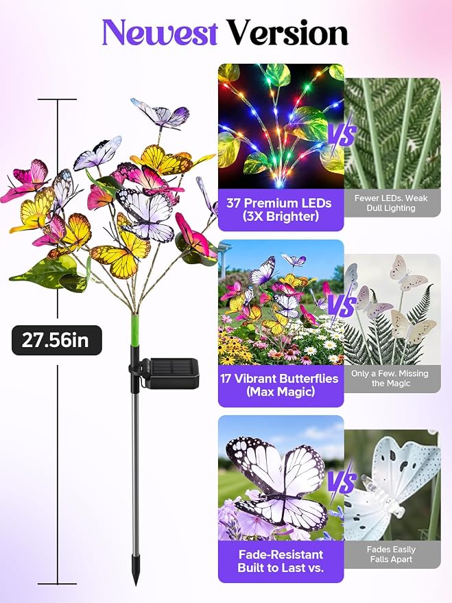 Solar Lights Outdoor, 6 Pack Solar Garden Lights with 222 Colorful LEDs & 102Realistic Silk Butterflies, IP65 Waterproof Outdoor Solar Light for Yard Patio Garden Decor, Gifts for Mom Grandma