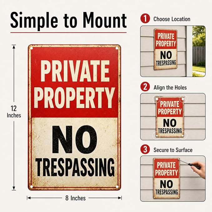 Private Property Tin Sign, 12 x 8 Inch No Trespassing Aluminum Metal Wall Decor, Vintage Notice Sign for Gate, Fence, Porch, Driveway, Entryway