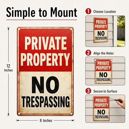 Private Property Tin Sign, 12 x 8 Inch No Trespassing Aluminum Metal Wall Decor, Vintage Notice Sign for Gate, Fence, Porch, Driveway, Entryway