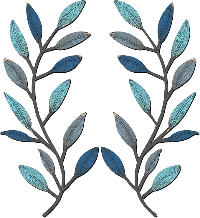 Zhengmy 2 Pieces Metal Tree Leaf Wall Decor Vine Olive Branch Leaf Wall Art Living Room, Hallway Wall Decor Outdoor Decoration(Vintage Blue)