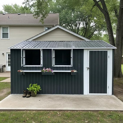 KEIKI 12x10 FT Outdoor Metal Storage Shed with 3 Clear Windows, Lockable Single Door Heavy Duty Steel Tool Shed Bike Storage Rainproof Rust Resistant Windproof for Backyard Patio, Coal Gray