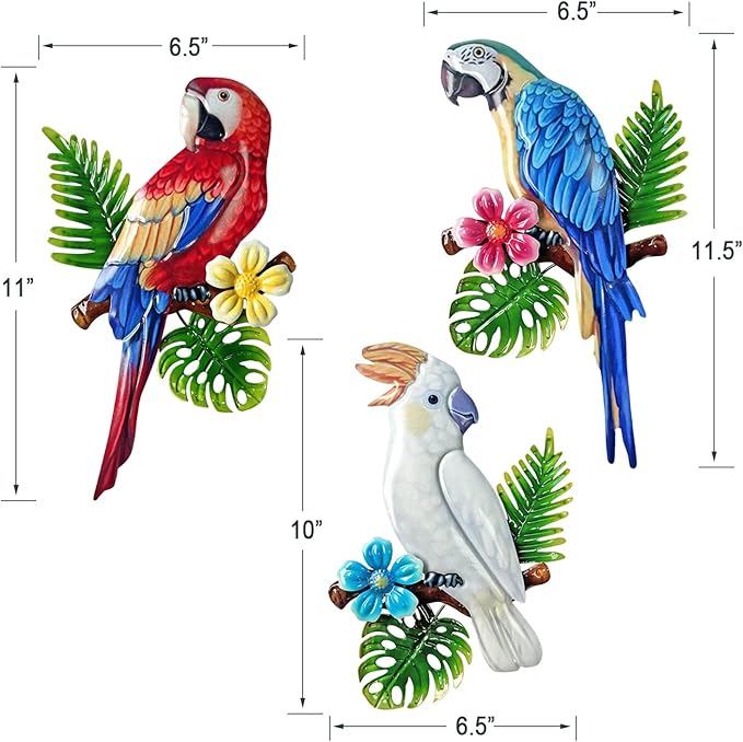 Limygus 3 Pcs Tropical Vivid Parrots on Branch Metal Wall Art, Indoor Outdoor Hanging Decor for Garden Fence Patio Courtyard