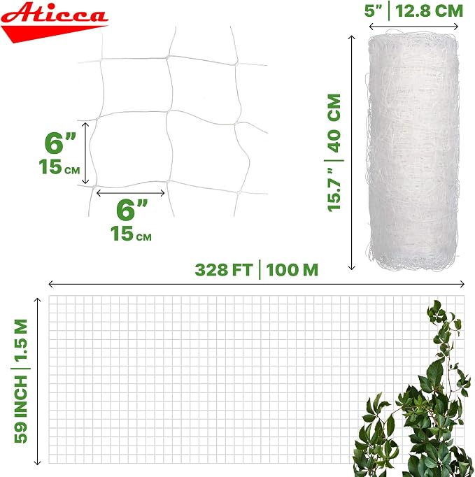 ATICCA Plastic Trellis Netting 59" x 328 ft Heavy Duty Plant Support Netting White - 6 Inch Garden Trellis on Roll - Mesh for Growing Vine Climbing Plants, Flowers, Peas, and Cucumber