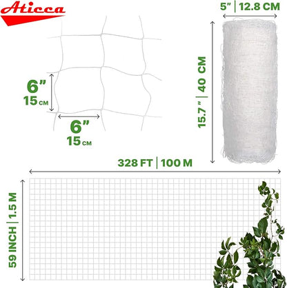 ATICCA Plastic Trellis Netting 59" x 328 ft Heavy Duty Plant Support Netting White - 6 Inch Garden Trellis on Roll - Mesh for Growing Vine Climbing Plants, Flowers, Peas, and Cucumber