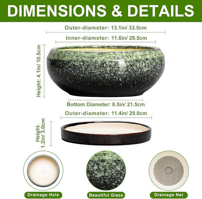 Bonsai Pots - 13 Inch Ceramic Succulent Planters Indoor, Round Shallow Planter with Drainage Hole and Saucer, Large Succulent Pot, Bowl Planter Outdoor, House Decor, Housewarming Gift, Green