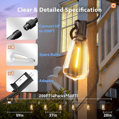 addlon 196FT Outdoor String Lights for Outside Waterproof Patio Lights with Plastic ST38 LED Edison Bulbs Outdoor Lighting Extra Long for Backyard Bistro Porch Garden Pergola Party Decor