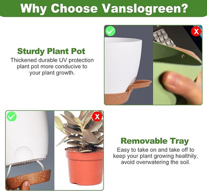 Vanslogreen Flower Pots, 8/7/6.5/6/5.5/5 Inch Self Watering Planters for Indoor Outdoor Plants with Drainage Hole, Plastic Planters for House Plants(White)