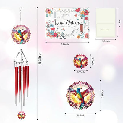 Hummingbird Wind Chimes for Outside with Wind Spinner, Summer Garden Patio Yard Porch Decor, Colorful Hummingbird Wind Chime with Gift Box, Birthday Housewarming Gifts for Women Mom