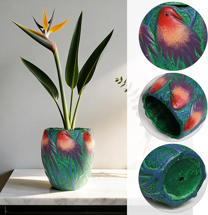 6.5 inch Green Ceramic Flower Pot with Bird Patterns,Indoor Outdoor Planter for Succulents Plants, Modern Home Garden Decor