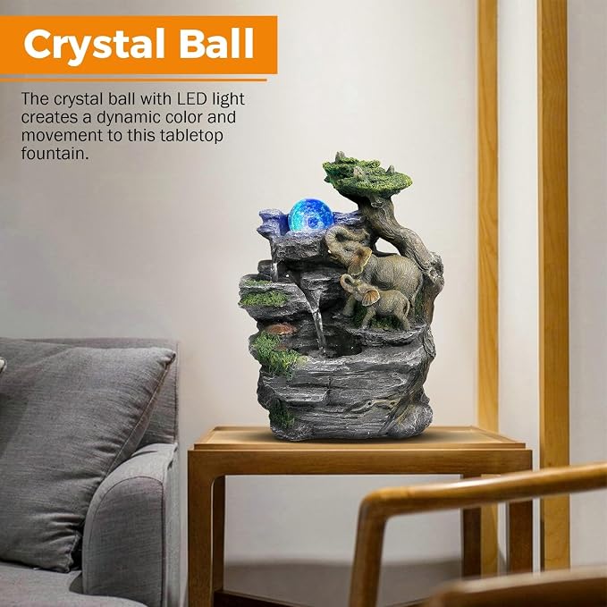 BEAMNOVA Tabletop Fountain, Indoor Water Feature with Elephant Sculpture & Spinning Ball, Feng Shui Relaxation Fountain for Home Office Desk Decor, Soothing Water Sounds, Quiet Pump