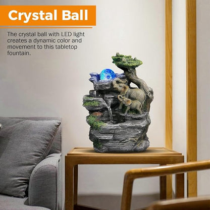 BEAMNOVA Tabletop Fountain, Indoor Water Feature with Elephant Sculpture & Spinning Ball, Feng Shui Relaxation Fountain for Home Office Desk Decor, Soothing Water Sounds, Quiet Pump