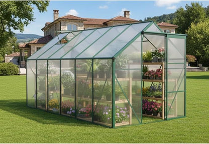 6x12 FT Greenhouse, Walk-in Polycarbonate Greenhouses with Sliding Doors, Aluminum Frame, Adjustable Roof Vent, Raised Base & Anchor, Outdoor Backyard Greenhouse for All Seasons, Green