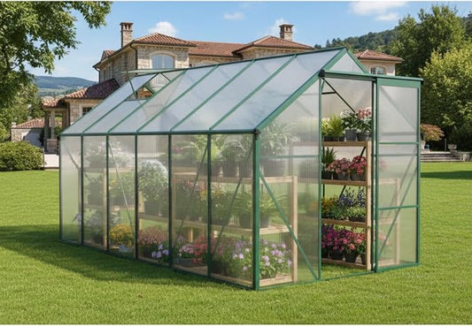 6x12 FT Greenhouse, Walk-in Polycarbonate Greenhouses with Sliding Doors, Aluminum Frame, Adjustable Roof Vent, Raised Base & Anchor, Outdoor Backyard Greenhouse for All Seasons, Green